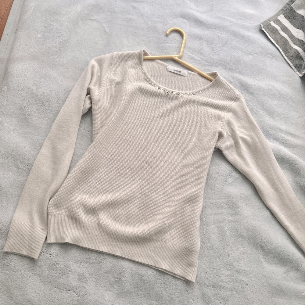 Light Beige Sweater with Embellished Neckline
